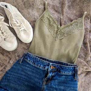 VS Pink - Lace Ribbed Cami Thong Bodysuit - Small - Olive Green